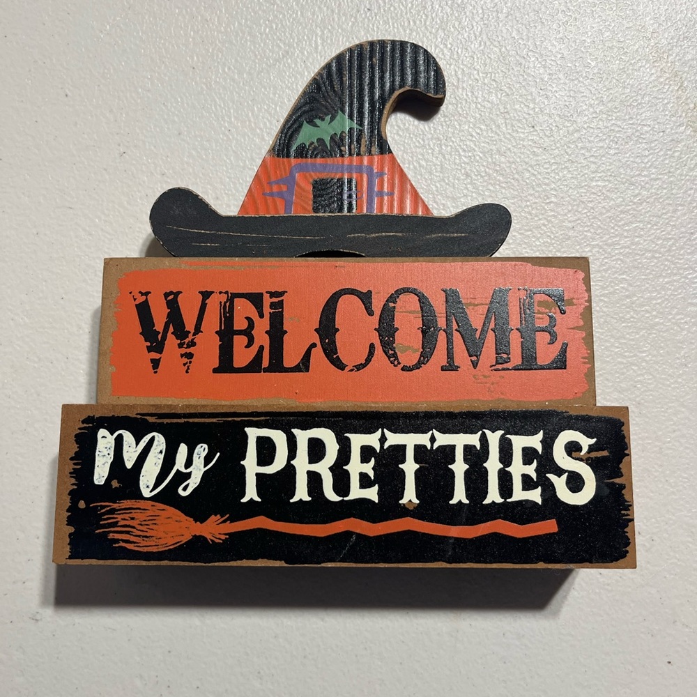 Halloween decoration. VGUC. Wooden with witch  hat design.